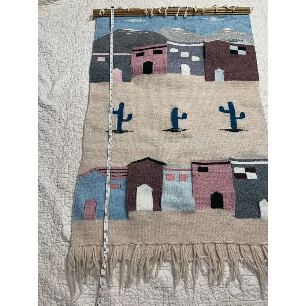 Vintage Handmade Latin American Mexican Wool Tapestry Pastel Kilim Desert Cactus